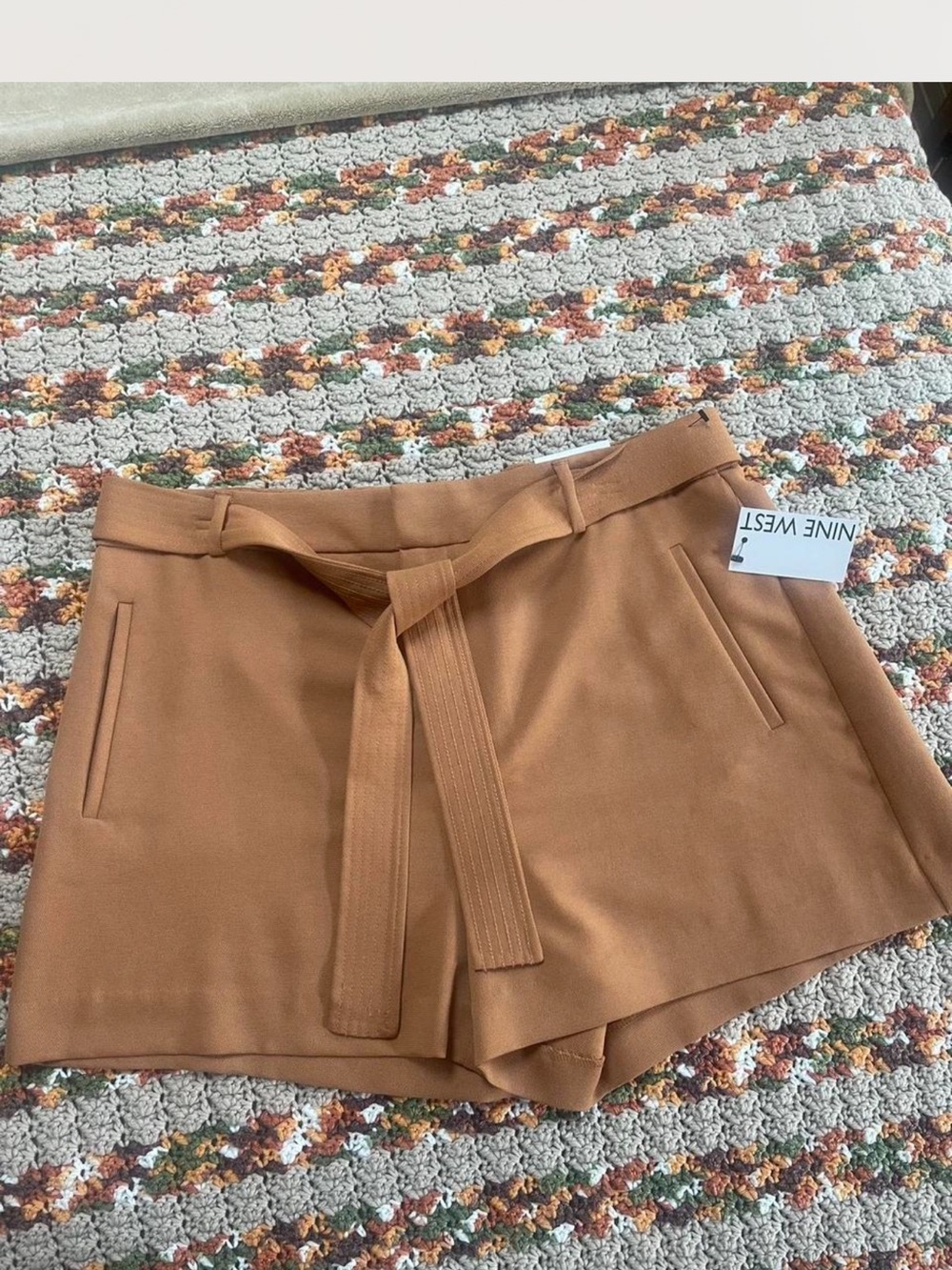 Nine West Camel High-Waist Belted Shorts